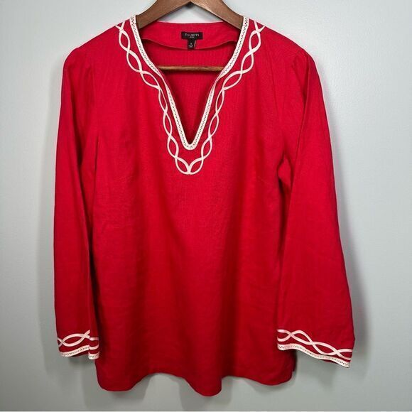 Talbots Womens 100%‎ Linen Tunic Top Size S Petite Red Embroidered Trim Beach - Picture 2 of 12